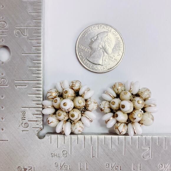 Vintage Stamped West Germany White Gold Tone Glass Bead Cluster Clip Earrings - Picture 11 of 13